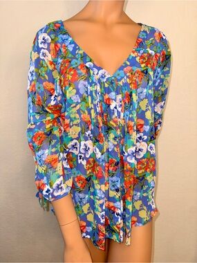 LC Lauren Conrad Sheer Blue Floral Peasant Blouse Pleated Tie Sleeve Boho L
